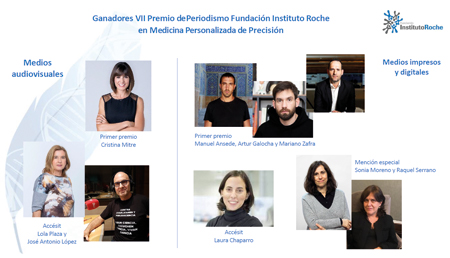 Los periodistas Manuel Ansede, Artur Galocha y Mariano Zafra (El País) y Cristina Mitre (The Beauty Mail), ganadores de la VII edición del Premio de Periodismo de la Fundación Instituto Roche 